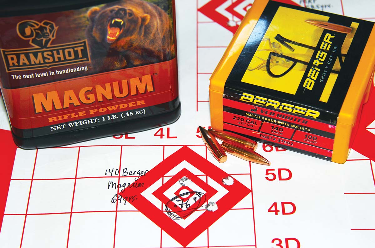 Berger’s 140-grain VLD Hunter shot well from the Browning X-Bolt 2 Speed OVIX. The best group measured .76 inch and sent at a scorching 3,209 fps using 69 grains of Ramshot Magnum.